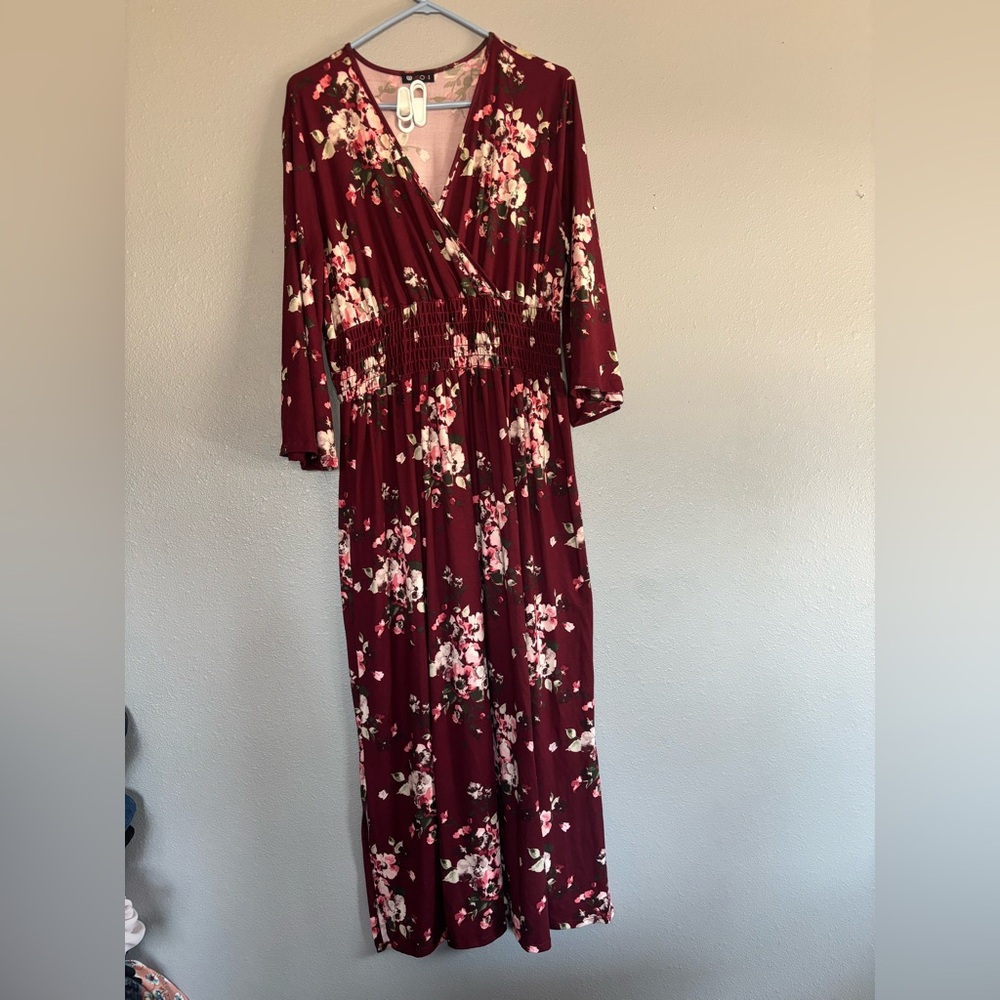 Floral Wrap-Style Maxi Dress in Burgundy with Pink Floral Print